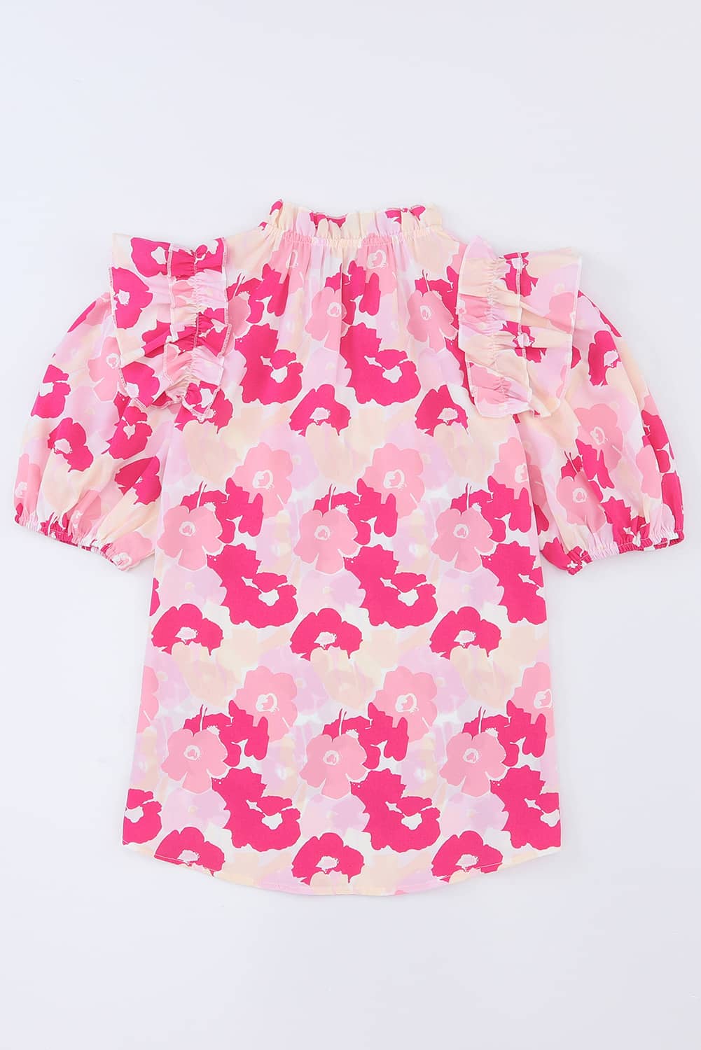 Split Neck Ruffled Puff Sleeves Floral Top | Pink