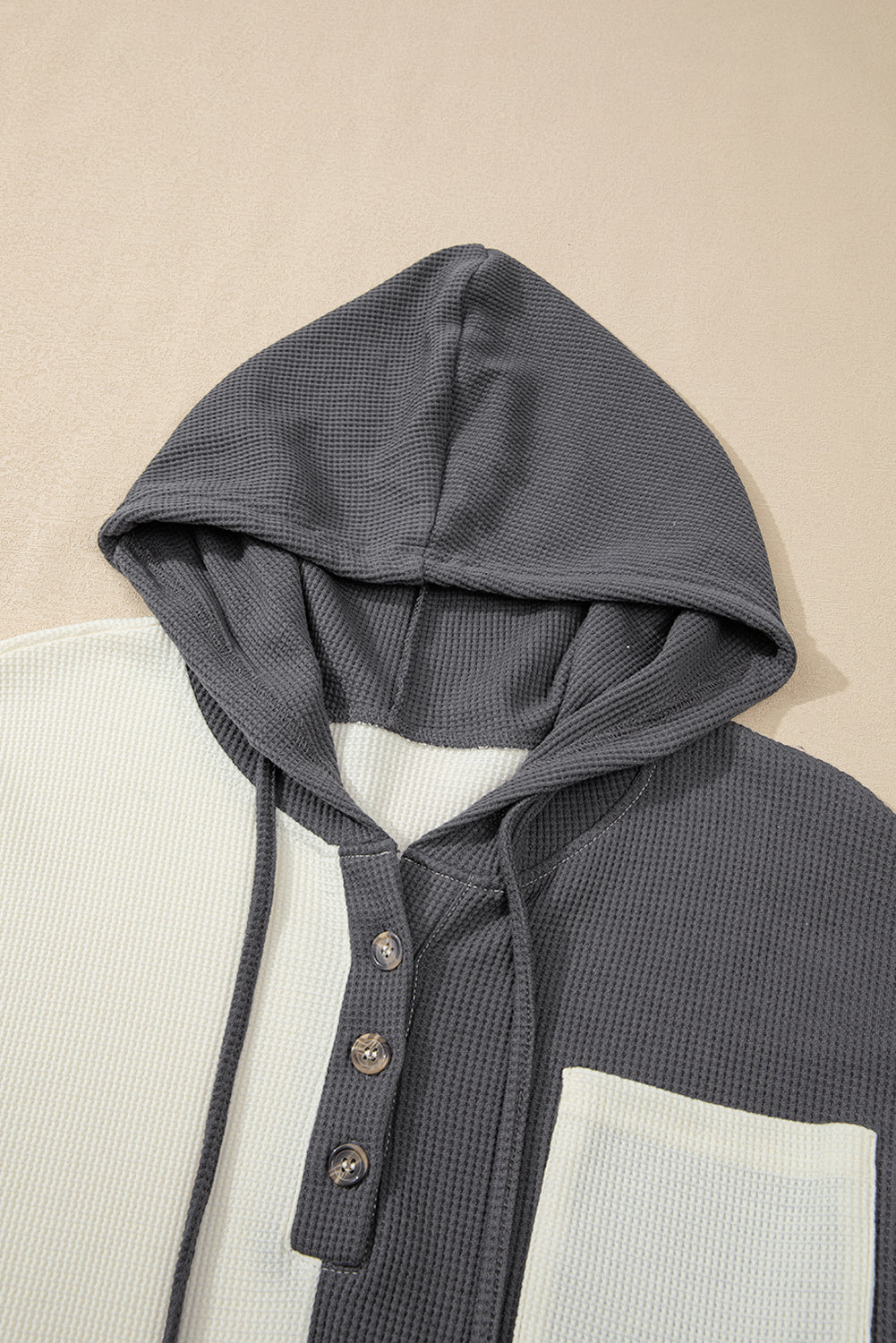 Waffle Colourblock Buttons Placket Drop Shoulder Drawstring Hoodie | Dark Grey