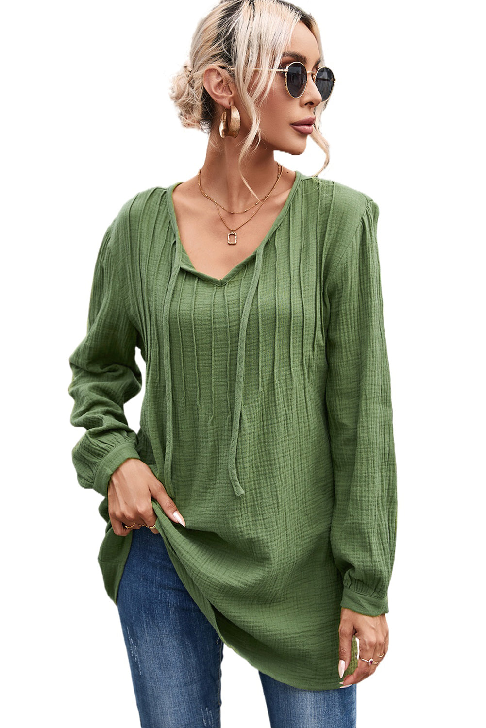 Casual Pleated V Neck Textured Loose Top | Green