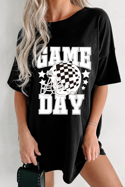 Game Day Checkerboard Rugby Football Helmet T Shirt | Black