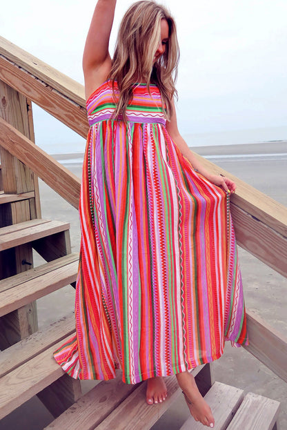 Striped Thin Straps Smocked Back Boho Maxi Dress | Multicolour