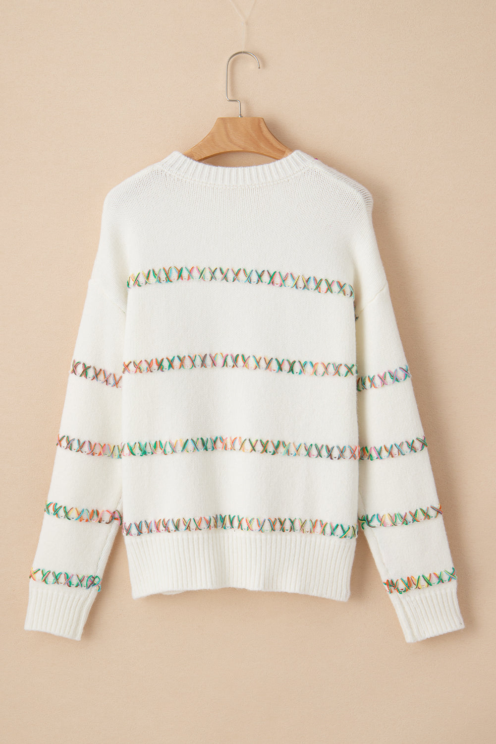 Colourful Crossed Stitch Drop Shoulder Sweater | White