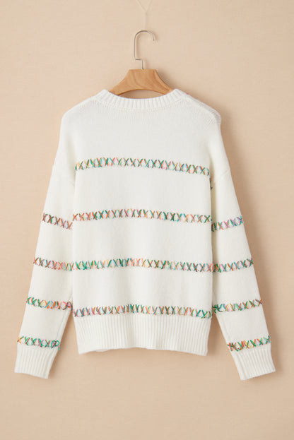 Colourful Crossed Stitch Drop Shoulder Sweater | White