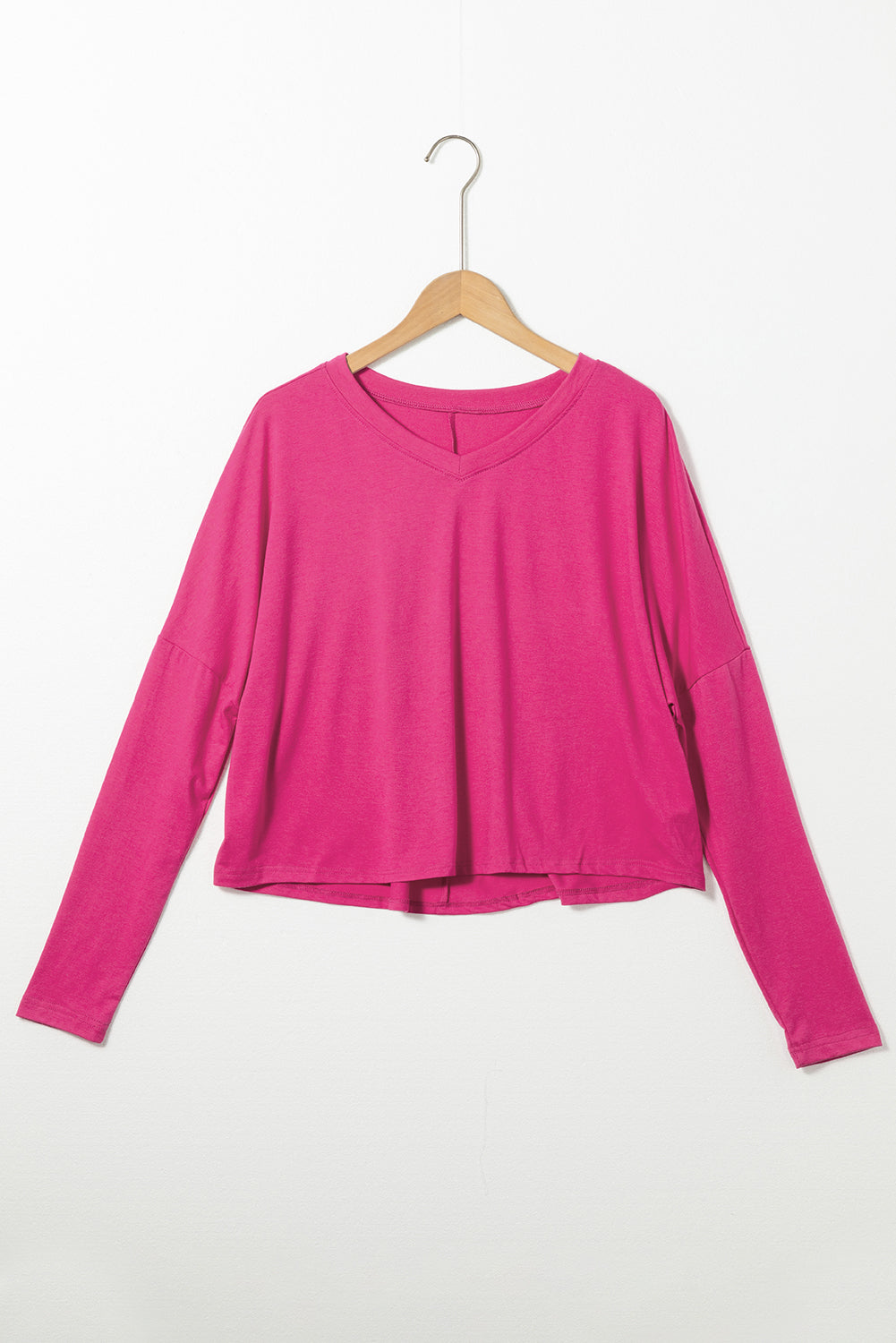 Loose V Neck Dropped Long Sleeve Top | Rose Red