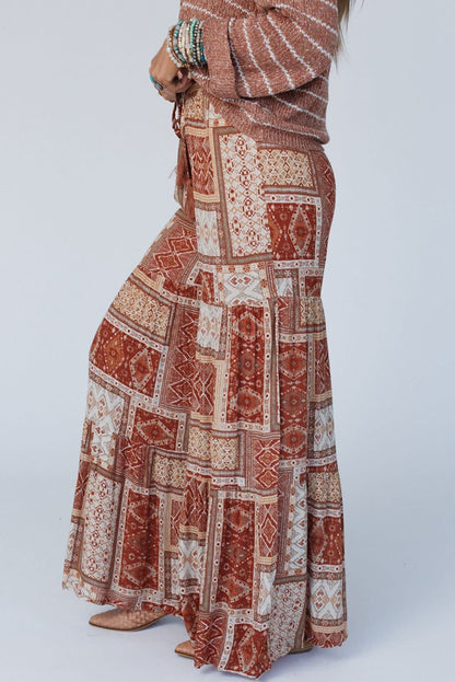 Boho Aztec Print Tiered Palazzo Pants | Brown