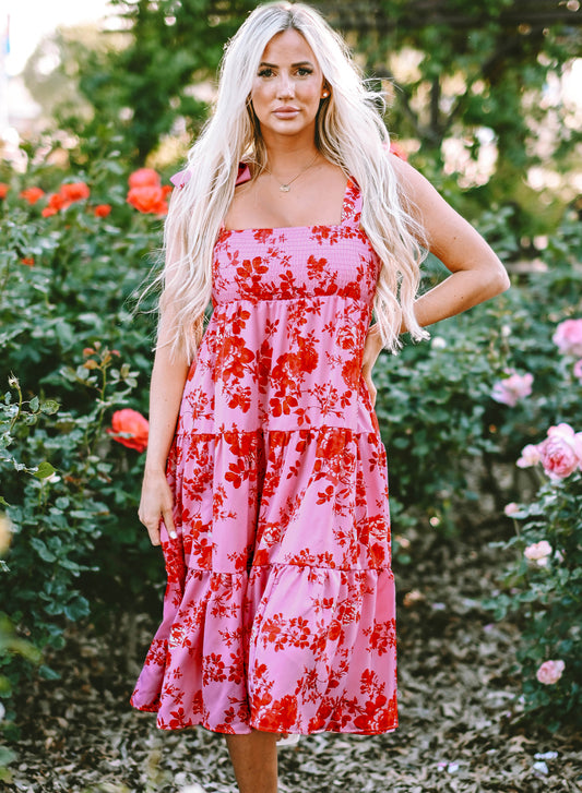 Tie Shoulder Straps Tiered Floral Dress | Pink