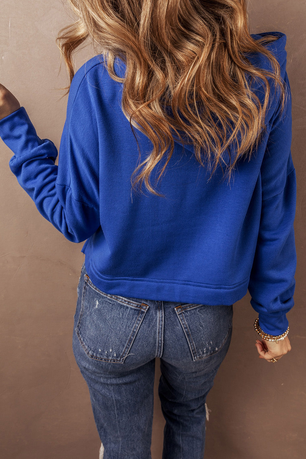 Solid Drop Shoulder Drawstring Cropped Hoodie | Dark Blue