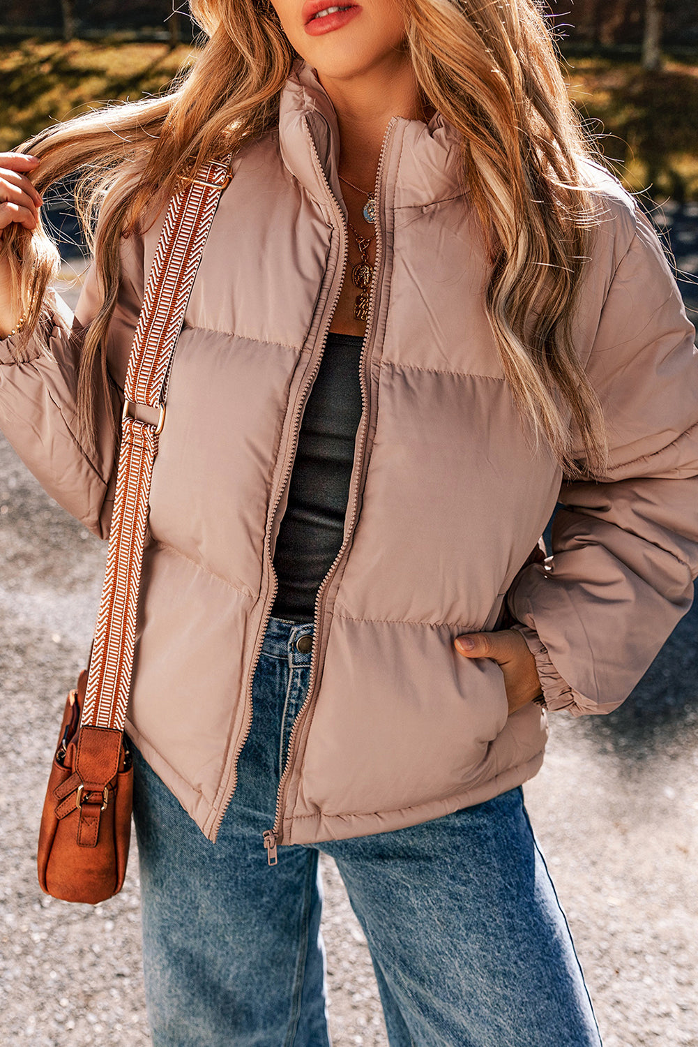 Full Zipper Quilted Puffer Jacket | Apricot Pink