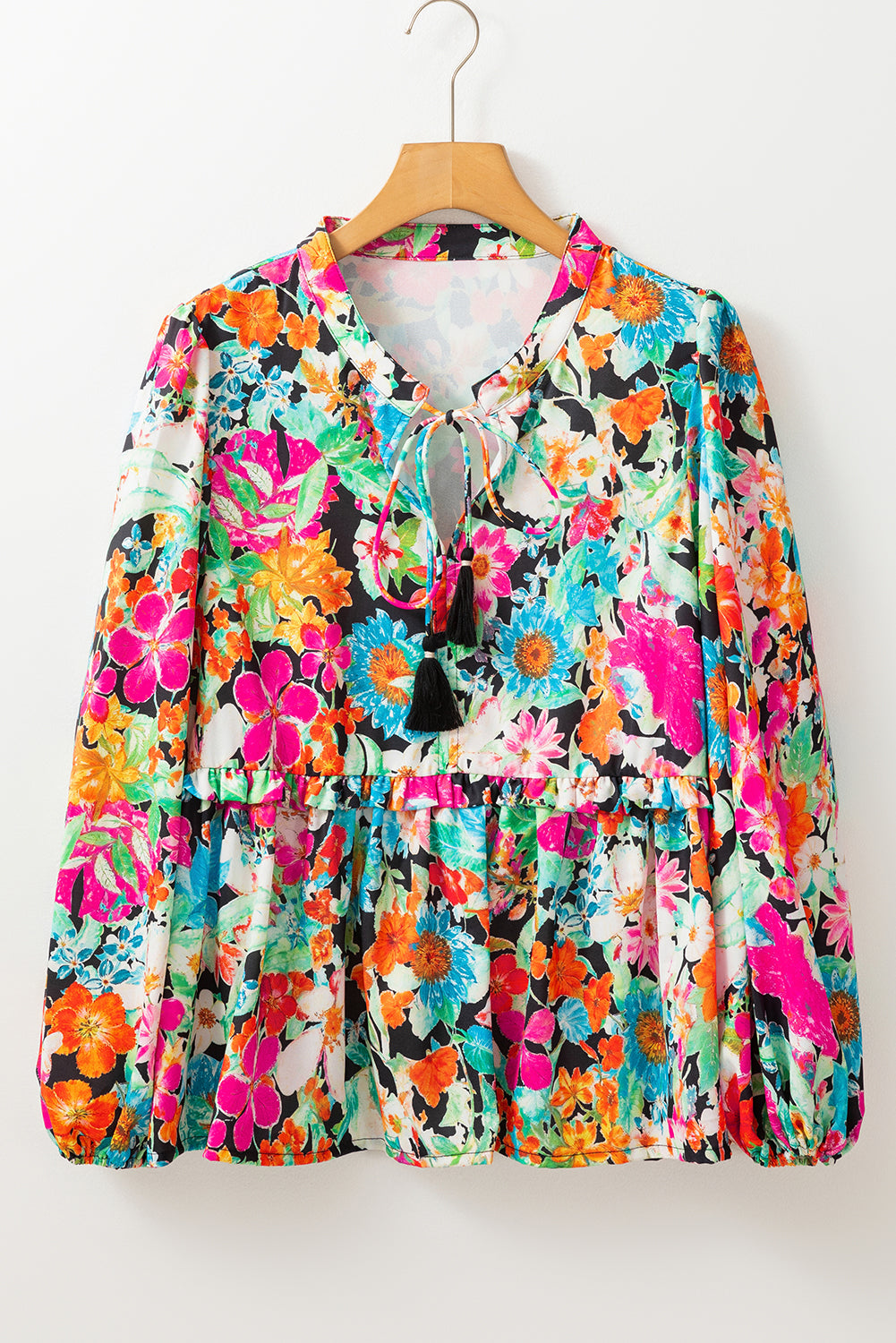 Floral Print Bubble Sleeve V Neck Ruffled Blouse | Multicolour