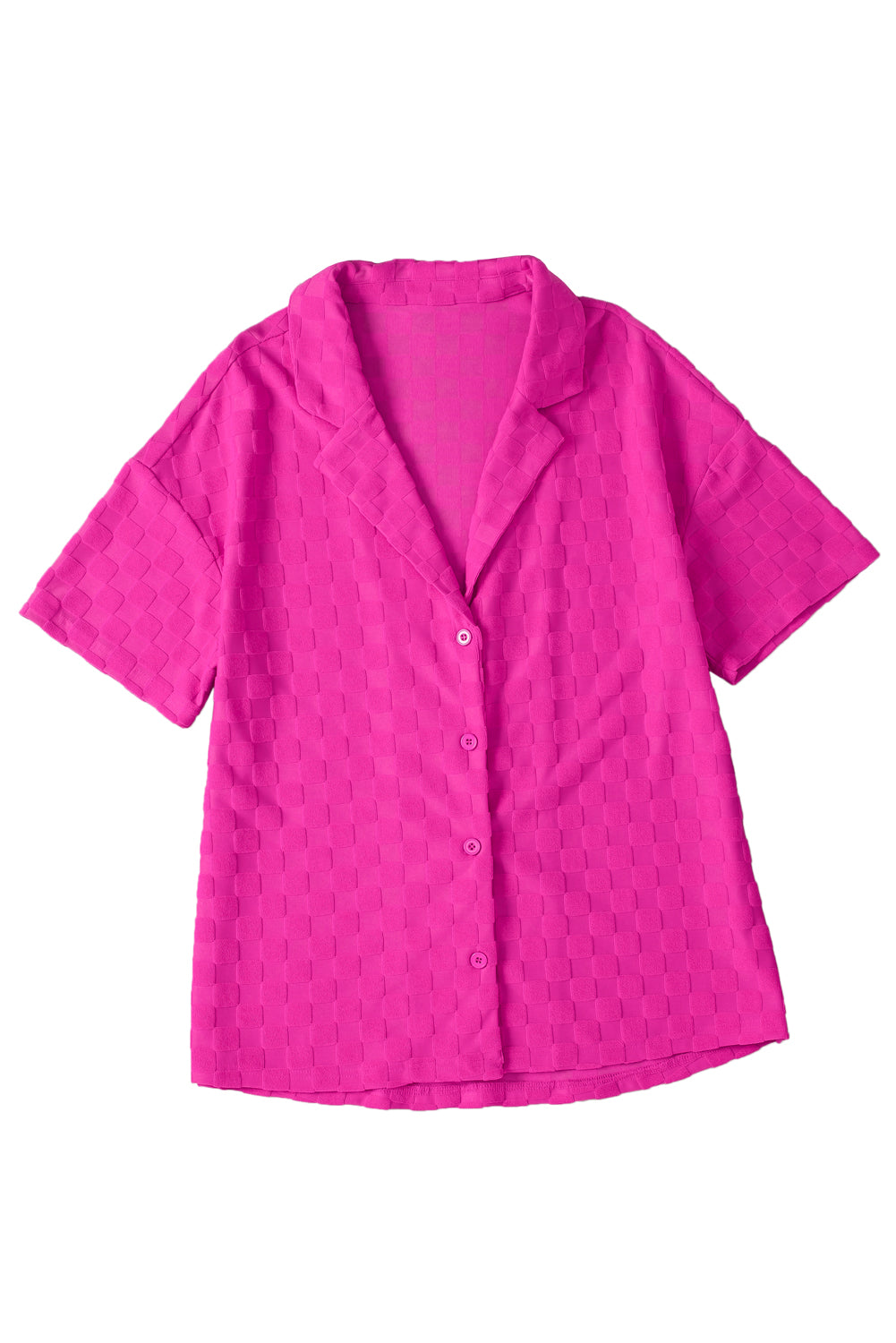 Lapel Neck Checkered Textured Short Sleeve Shirt | Bright Pink