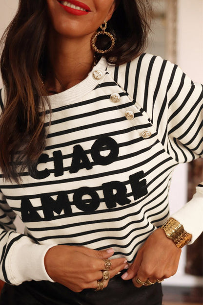 Ciao Amore Graphic Buttoned Pullover Sweatshirt | Black Stripe