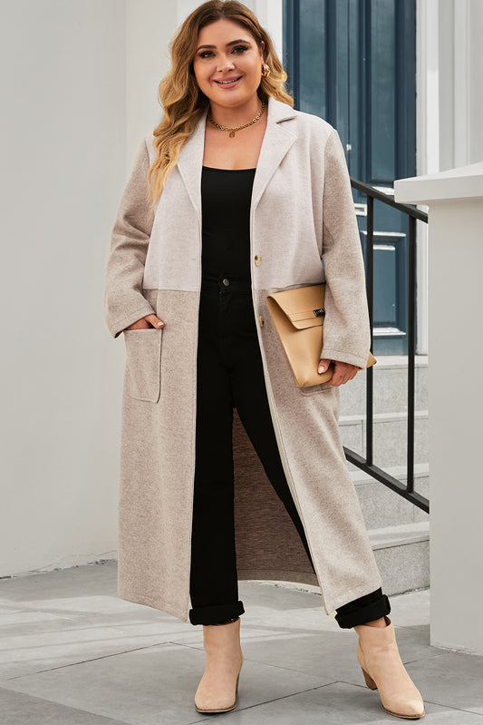 Khaki Plus Size Colorblock Lapel Collar Long Coat