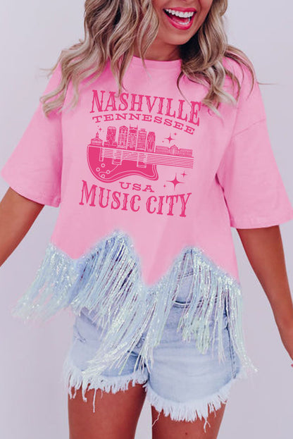 Nashvile Music City Graphic Sequin Fringed Hem Tee | Pink