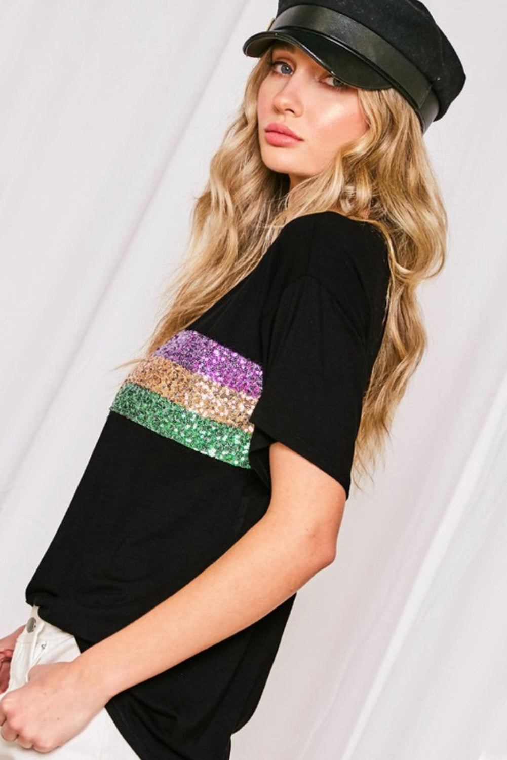 Sequin Stripes Patchwork Mardi Gras Crew Neck T Shirt | Black