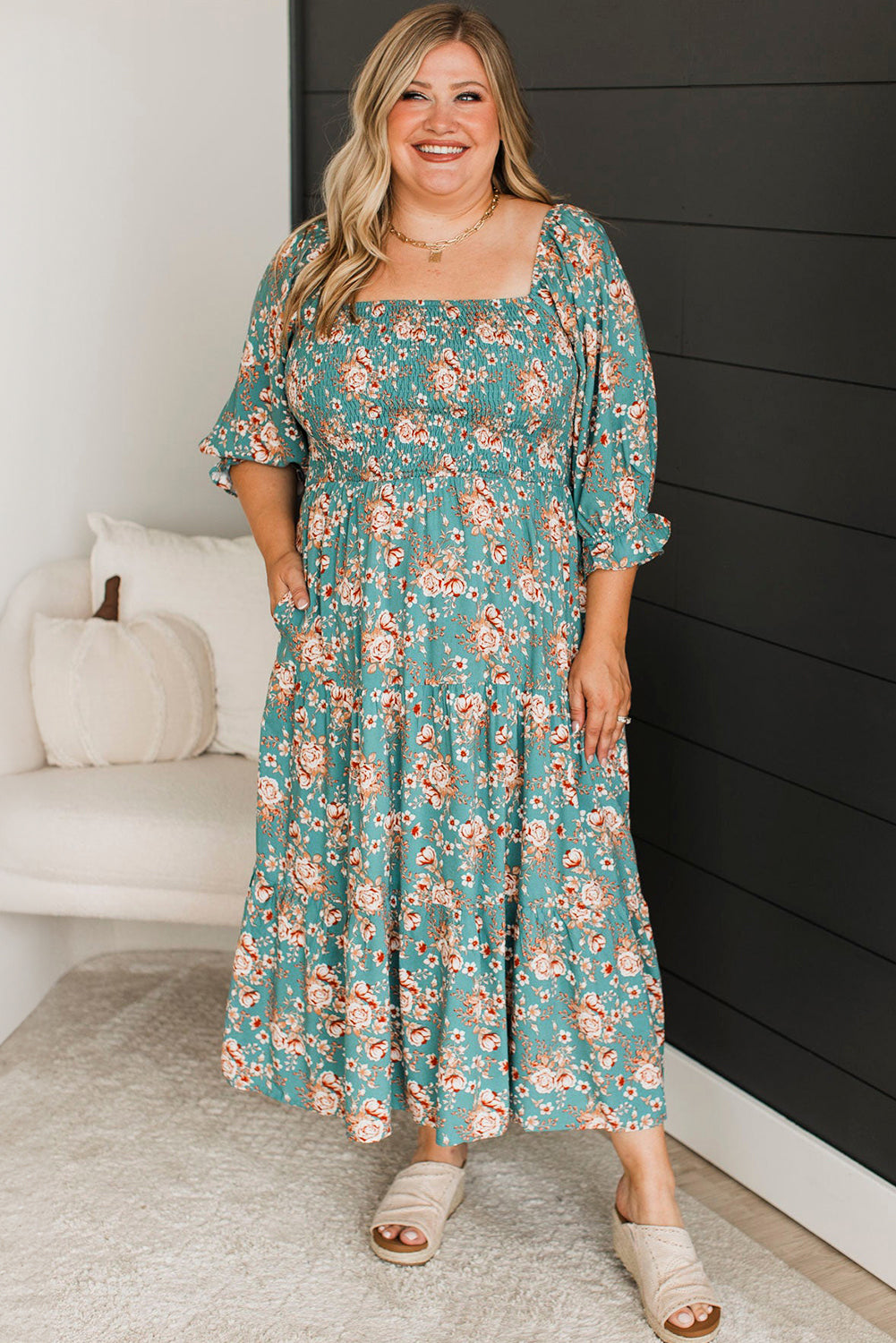 Plus Size Floral Print Square Neck Smocked Maxi Dress | Green