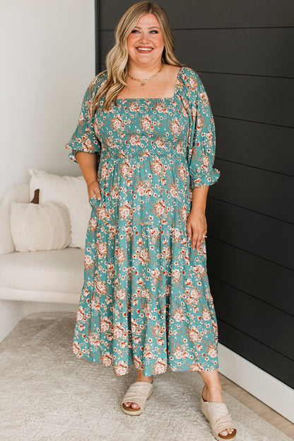 Plus Size Floral Print Square Neck Smocked Maxi Dress | Green