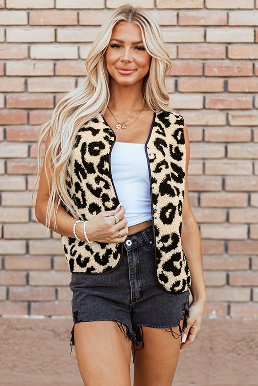 Leopard Print Sherpa Vest Coat | Black