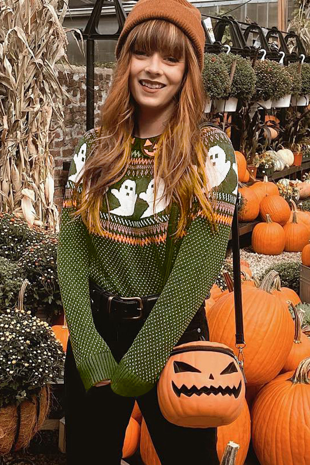 Halloween Ghost Pattern Drop Shoulder Sweater | Jungle Green