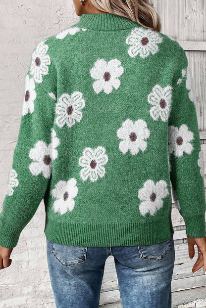 Floral Pattern Half Zip Drop Shoulder Sweater | Green