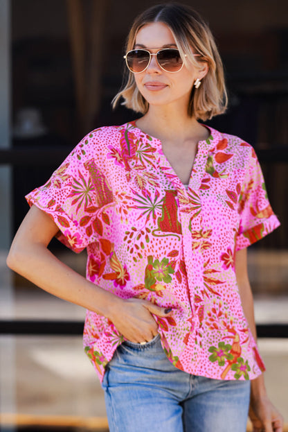 Jungle Floral Print Notch V Neck Blouse | Rose