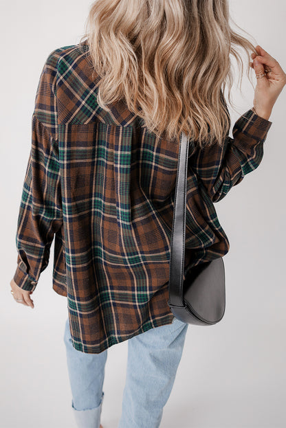 Plaid Print Chest Pockets Buttoned Shirt Jacket | Brown