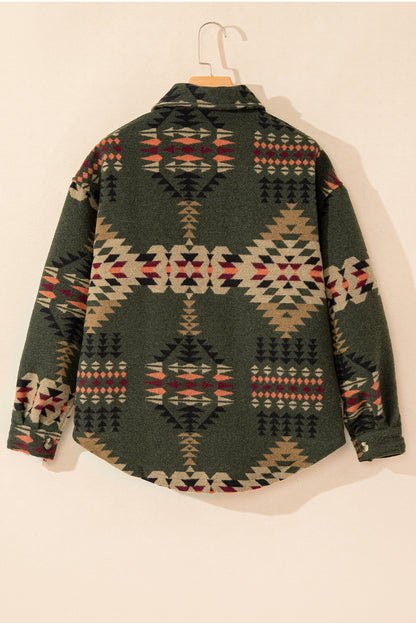 Aztec Print Flap Pockets Long Sleeve Shacket | Green