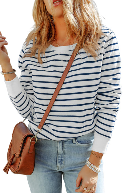 d Print Ribbed Trim Long Sleeve Top | Stripe