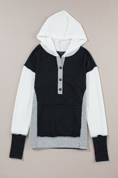 Colour Block Textured Buttoned Kangaroo Pocket Hoodie | Black