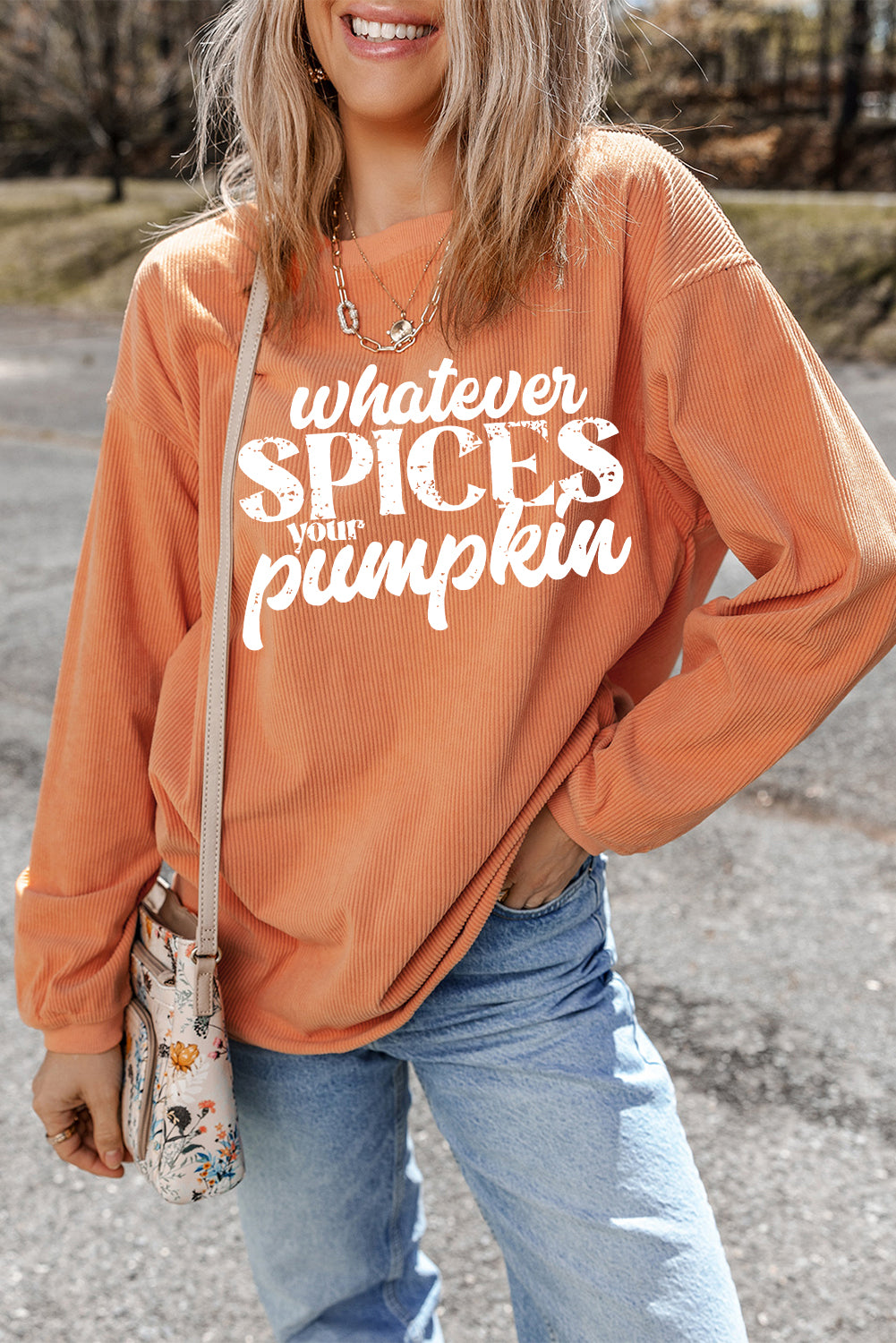 Whatever Spices Your Pumpkin Graphic Corded Pullover Sweatshirt | Orange