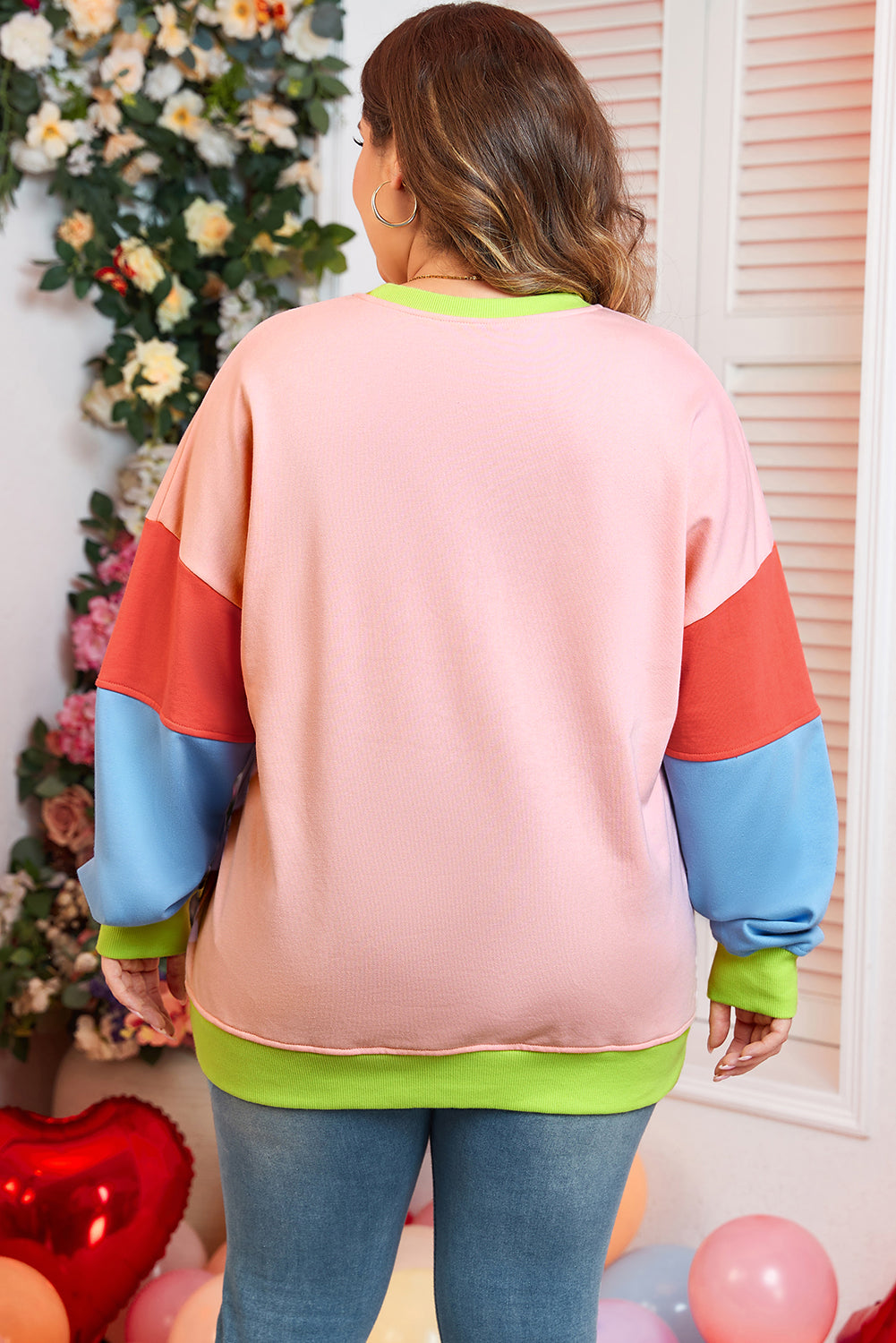 Plus Size Colourblock Patchwork Crew Neck Sweatshirt | Light Pink