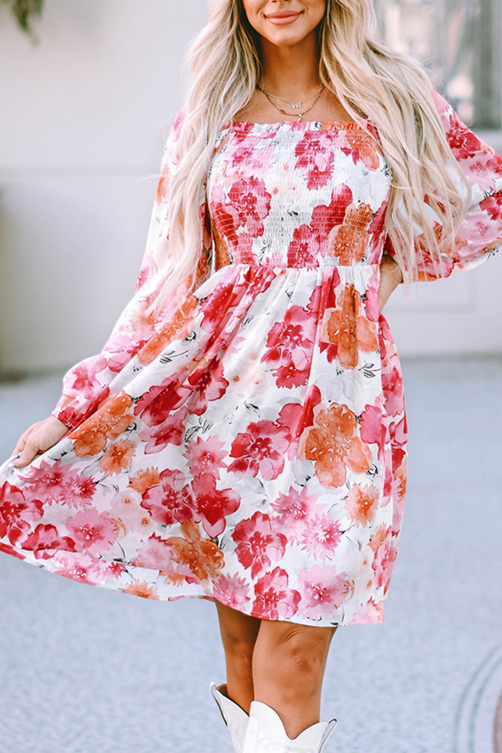 Floral Print Smocked Puff Sleeve Mini Dress | White