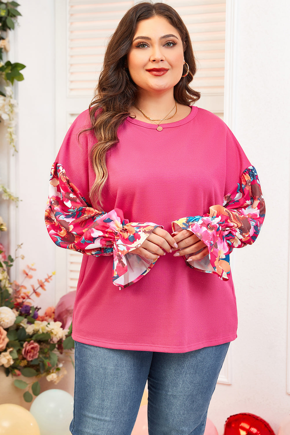 Floral Patchwork Flounce Sleeve Rib Knit Plus Top | Bright Pink