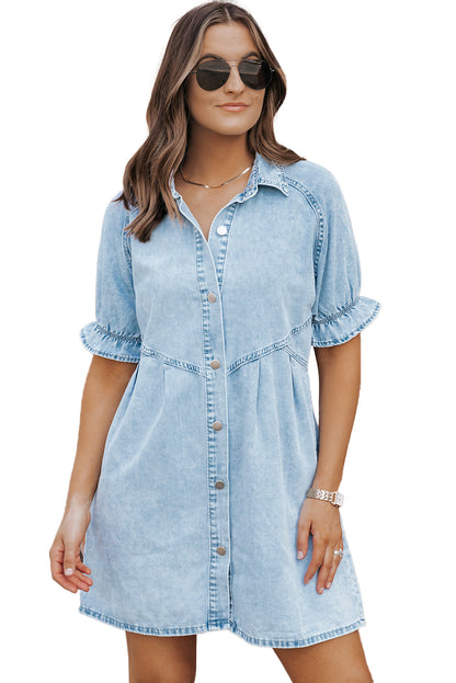 Mineral Wash Ruffled Short Sleeve Buttoned Denim Dress | Beau Blue