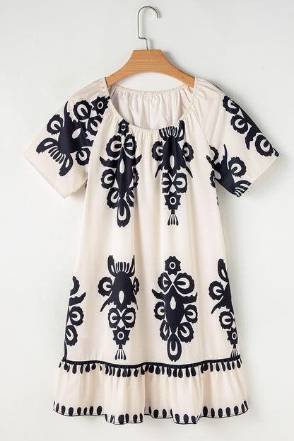 Western Print Ruffled Short Sleeve Loose Dress | Apricot