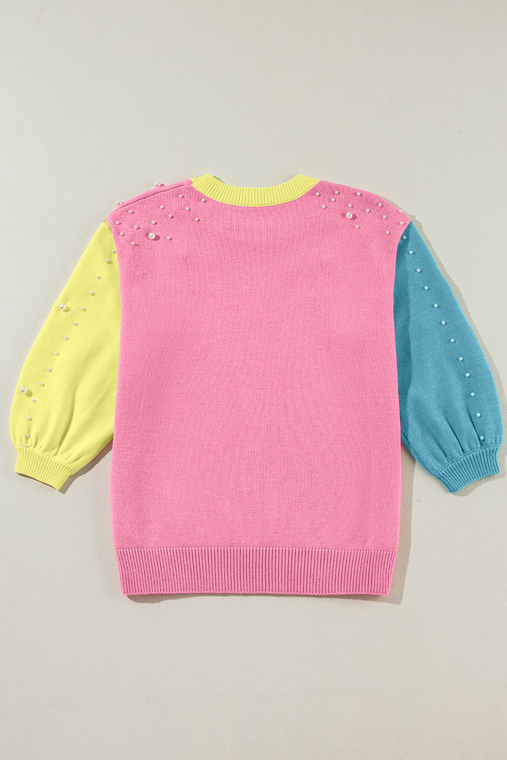 Pearled Colourblock Crew Neck Half Sleeve Sweater | Rose Red