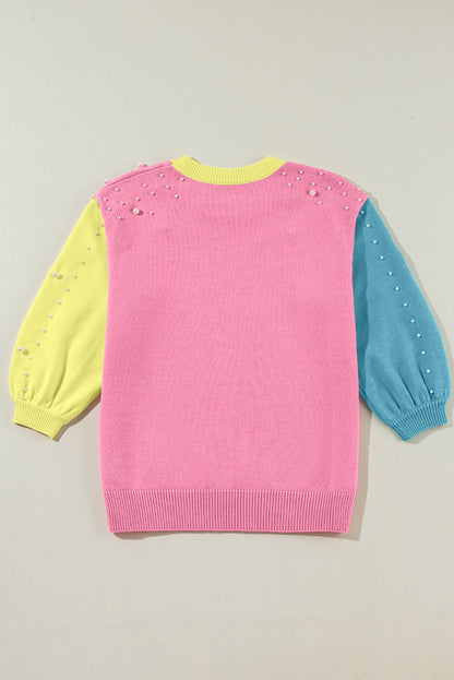 Pearled Colourblock Crew Neck Half Sleeve Sweater | Rose Red