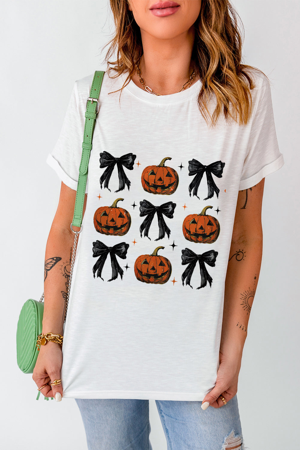 Halloween Pumpkin Face Bowknot Graphic T Shirt | White