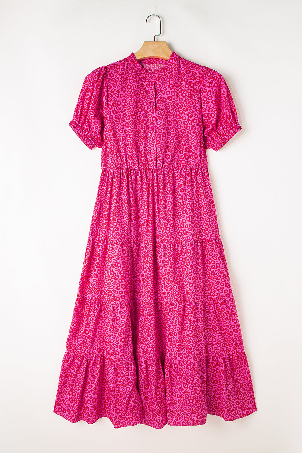 Flower Mock Neck Puff Sleeve Tiered Maxi Dress | Rose Red