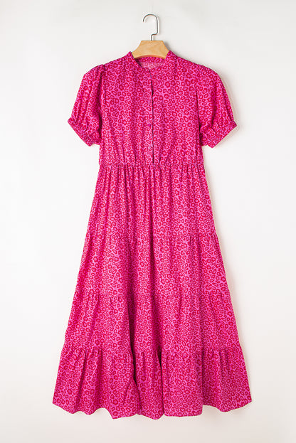 Flower Mock Neck Puff Sleeve Tiered Maxi Dress | Rose Red