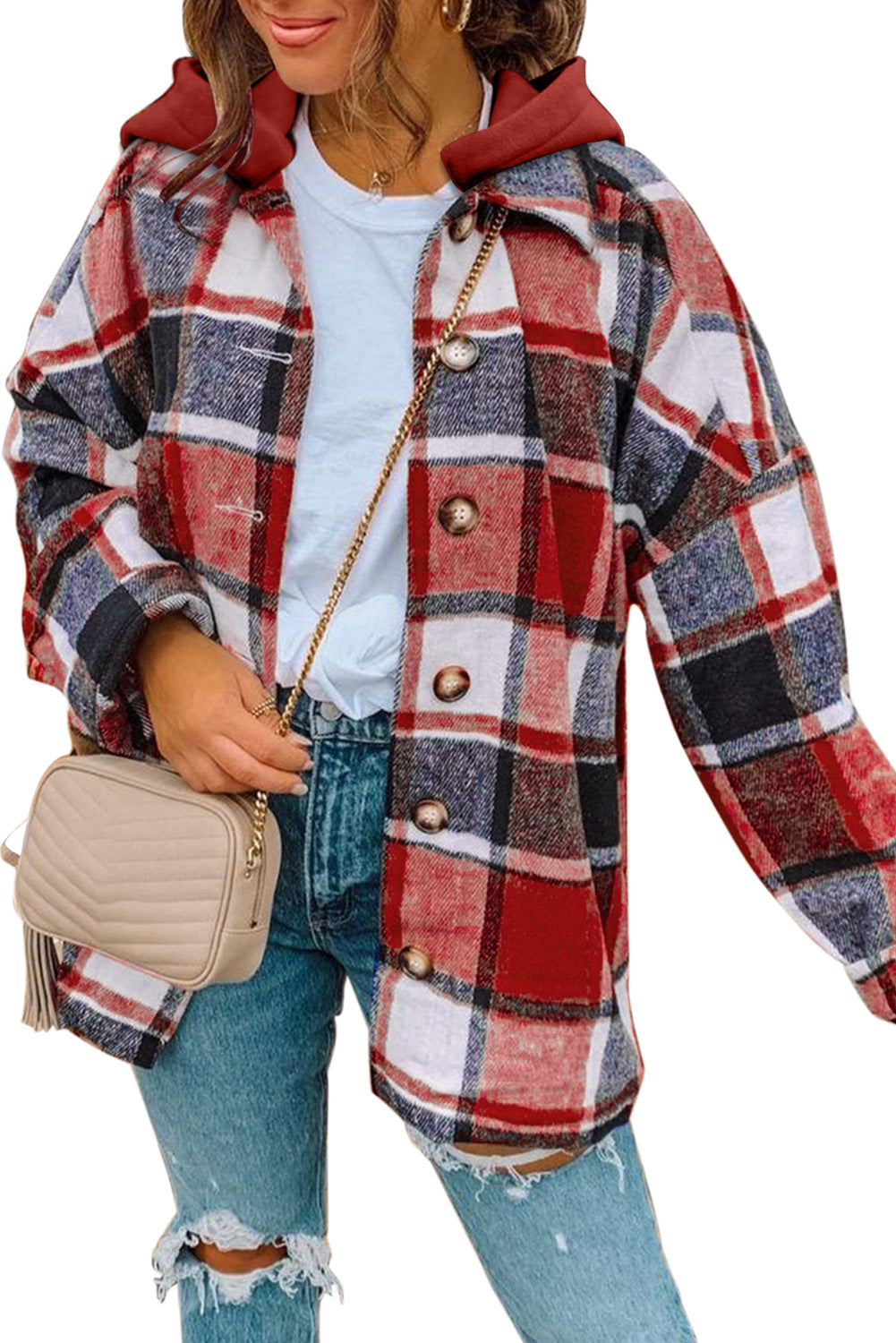 Fiery  Hooded Plaid Button Front Shacket | Red