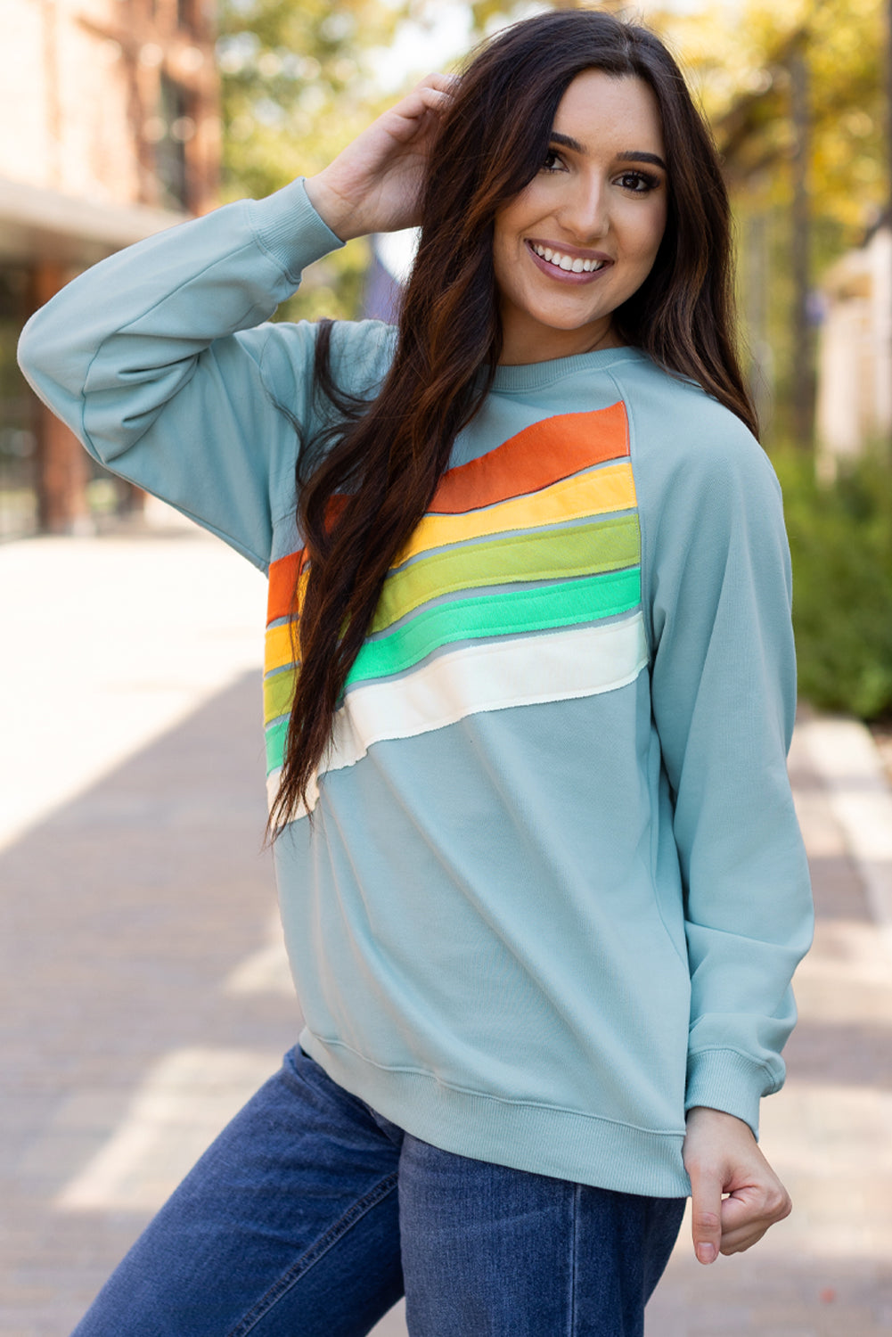 Rainbow Colourblock Striped Pullover Sweatshirt | Beau Blue