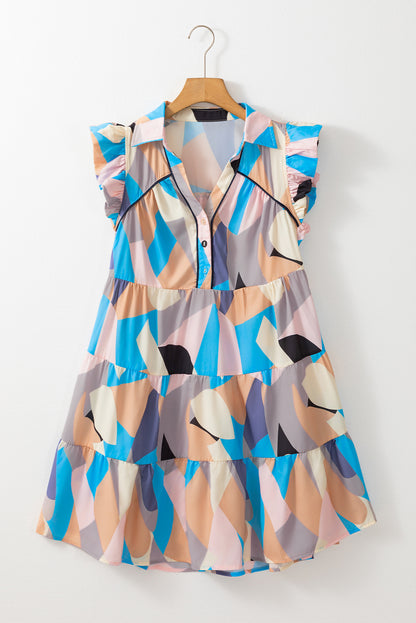 Geometric Print Ruffled Cap Sleeve Collared Mini Dress | Sky Blue