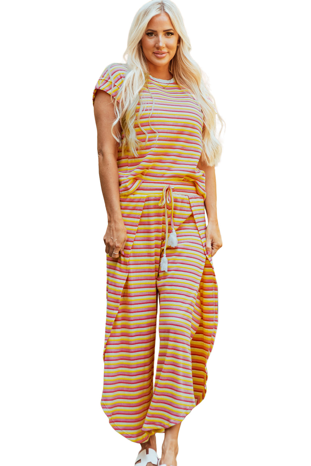 Rainbow Tee Tasseled String Wide Leg Pants Set | Yellow Stripe