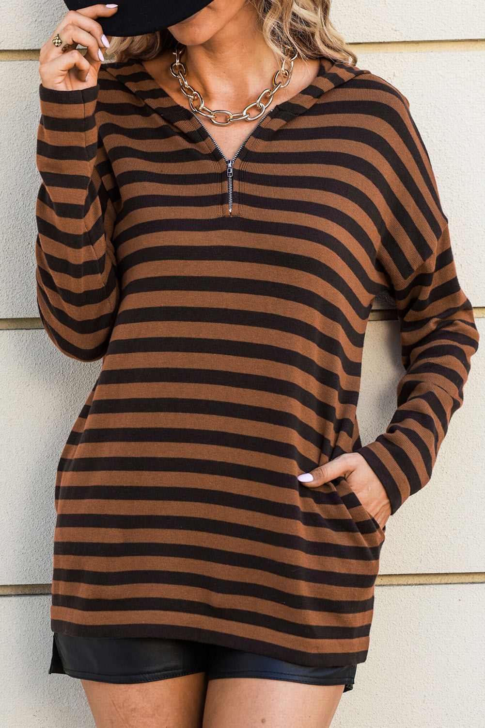 Striped Knit Quarter Zip Hoodie | Brown