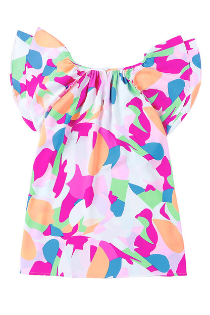 Abstract Pattern Ruffle Short Sleeves Blouse | Multicolour