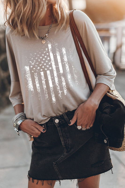 Gray American Flag Print Loose Fit 3/4 Sleeve Top