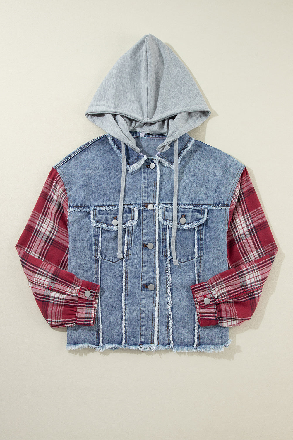 Plaid Print Patchwork Hooded Raw Hem Denim Jacket | Beau Blue