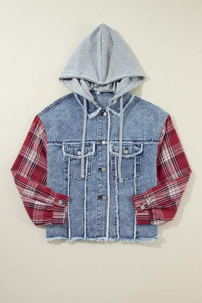 Plaid Print Patchwork Hooded Raw Hem Denim Jacket | Beau Blue