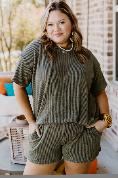 Plus Size Rib Knit Short Sleeve Top And Shorts Set | Moss Green