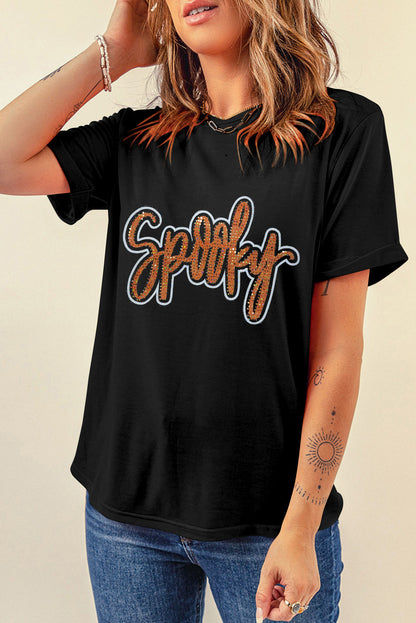 Spooky Rhinestone Crew Neck Graphic Tee | Black